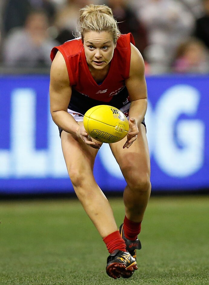 MELBOURNE, AUSTRALIA - AUGUST 16: Courtney Cramey of the Demons in action during the 2015 AFL Womens match between the Western Bulldogs and the Melbourne Demons at Etihad Stadium, Melbourne, Australia on August 16, 2015. (Photo by Adam Trafford/AFL Media)